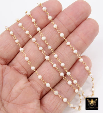Natural Pearl Rosary Chain, 4 mm Freshwater Beaded Rosary Chain CH #540, 3 mm Gold Wire Wrapped